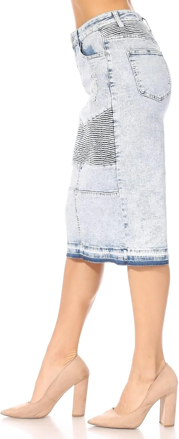 Fashion2Love Women's Juniors/Plus Size Middle - Length Stretch Denim Distressed Pencil Moto Skirt (79008)