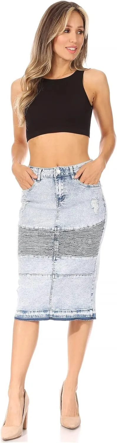 Fashion2Love Women's Juniors/Plus Size Middle - Length Stretch Denim Distressed Pencil Moto Skirt (79008)