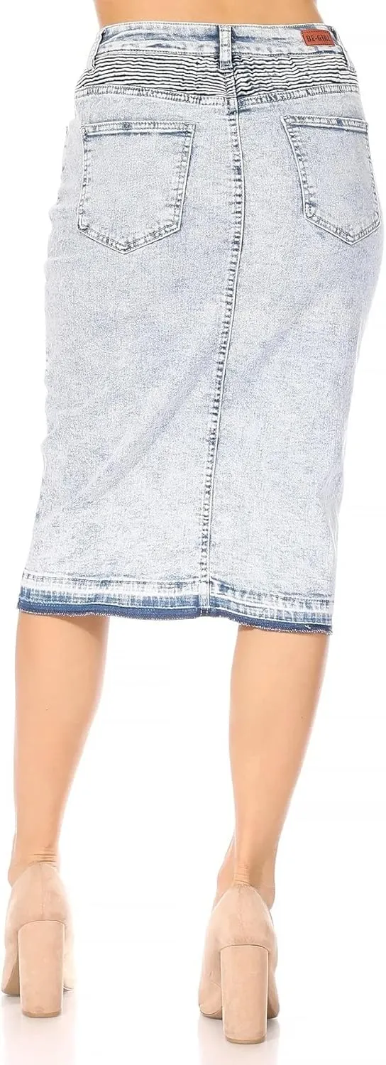 Fashion2Love Women's Juniors/Plus Size Middle - Length Stretch Denim Distressed Pencil Moto Skirt (79008)