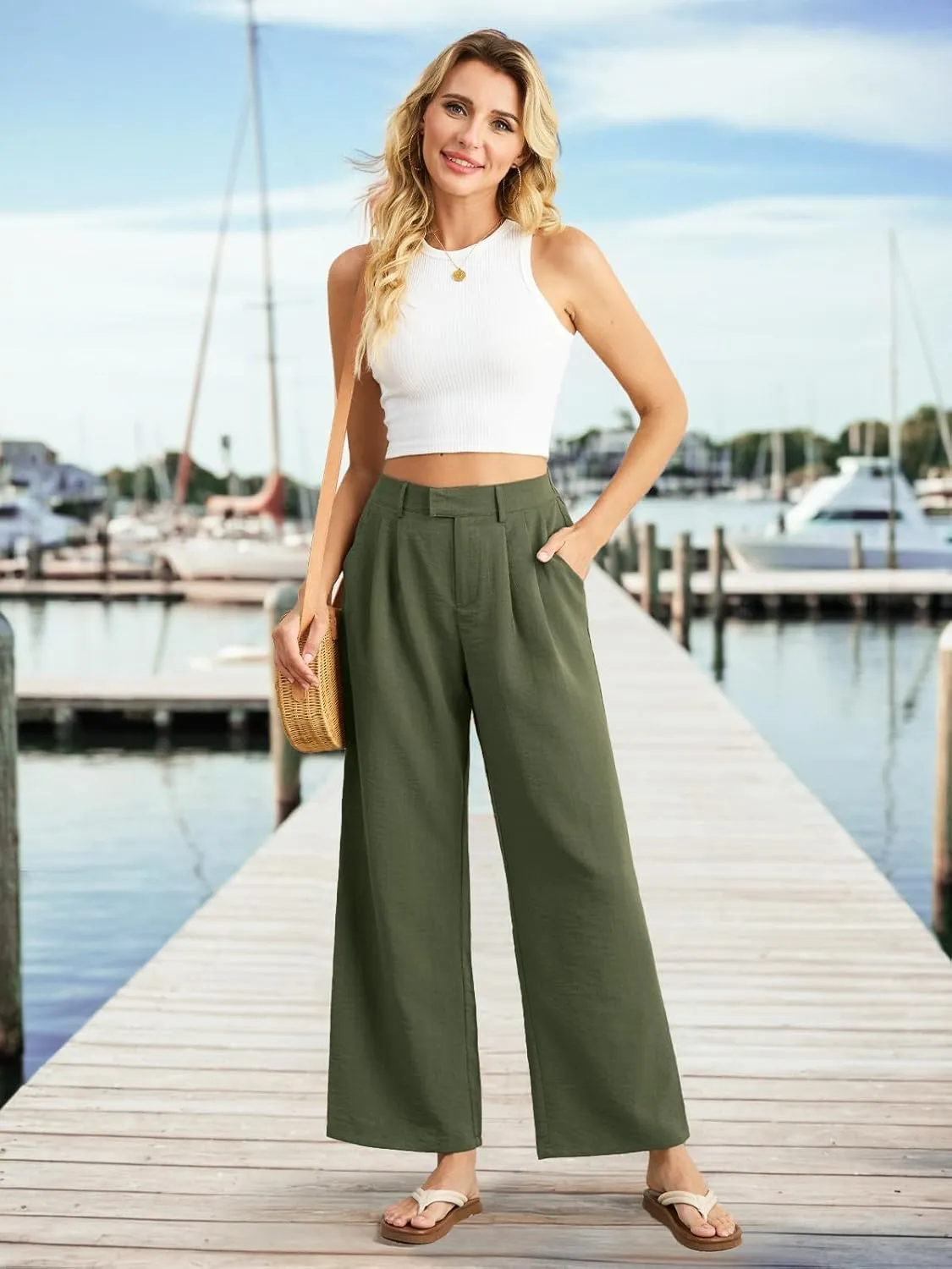 Feiersi Women's Wide Leg Pants Casual High Waisted Slacks Straight Dressy Pants Palazzo Trousers with Pockets