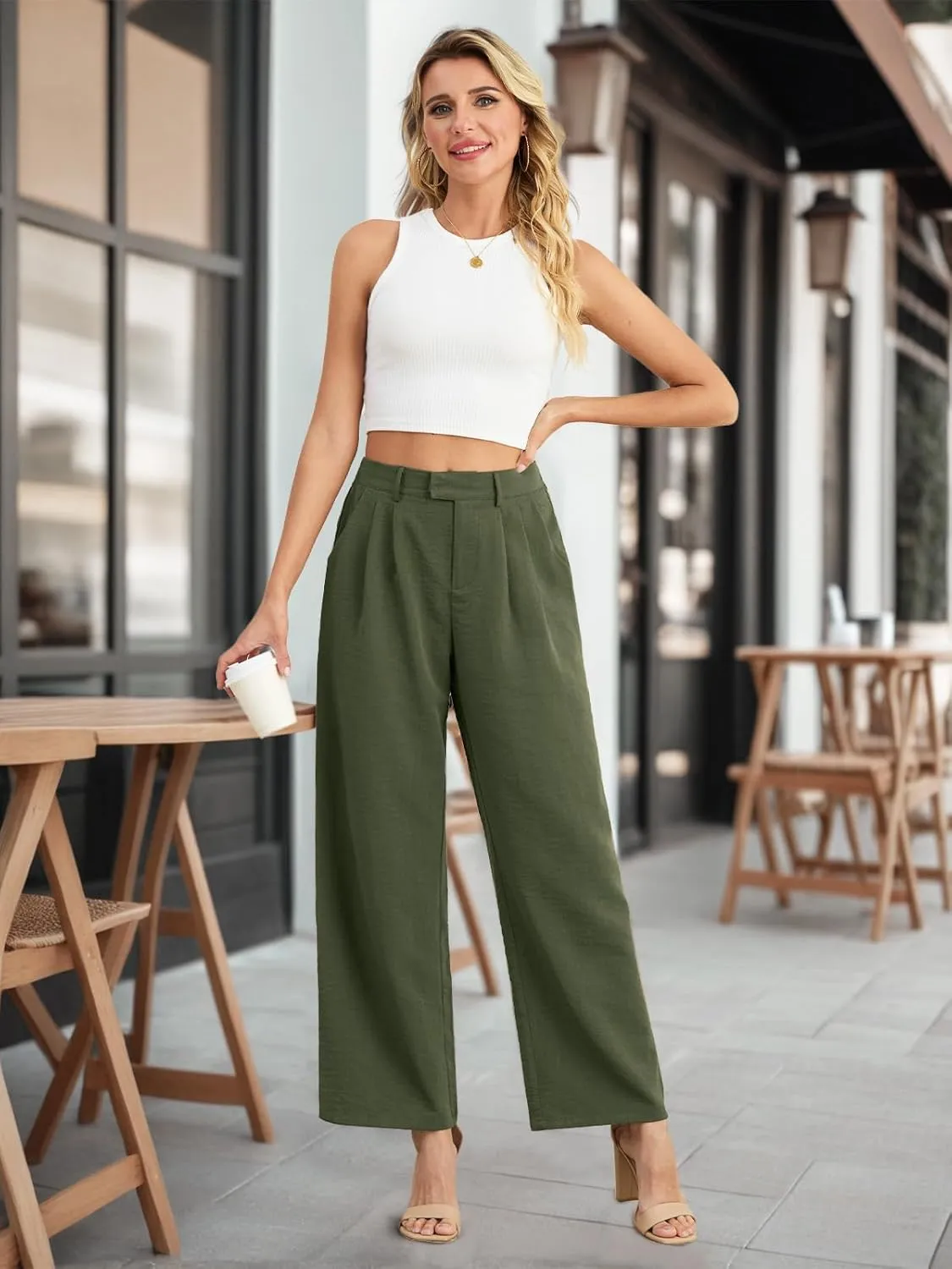 Feiersi Women's Wide Leg Pants Casual High Waisted Slacks Straight Dressy Pants Palazzo Trousers with Pockets