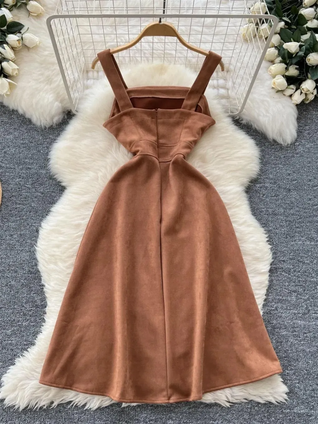 Female Square Collar Vintage Camisole Dress Women's Irregular Waist Unique Strap Vest Dress
