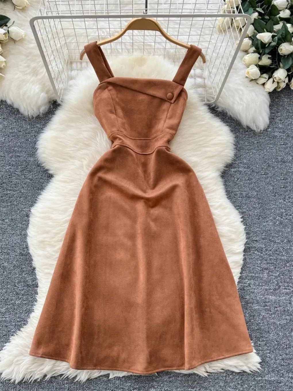 Female Square Collar Vintage Camisole Dress Women's Irregular Waist Unique Strap Vest Dress
