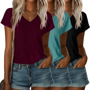 Ficerd 3 Pack Women's V Neck T Shirts Cap Sleeve Tank Top Causal Short Sleeve Loose Fit Side Slits Basic Tee(Fuchsia, Emerald Green, Black,XX-Large)