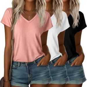 Ficerd 3 Pack Women's V Neck T Shirts Cap Sleeve Tank Top Causal Short Sleeve Loose Fit Side Slits Basic Tee(Orange, White, Black,Large)