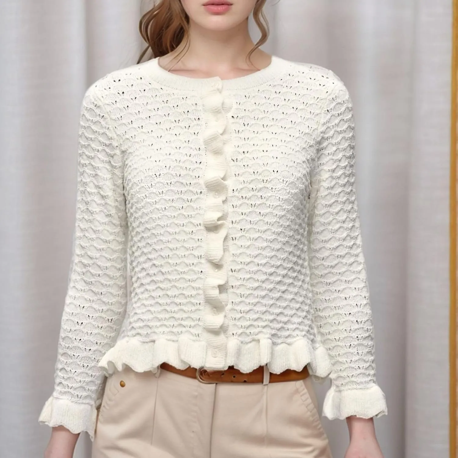 FindThy Womens Crochet Cardigan Sweater Trendy Crewneck Ruffle Long Sleeve Button Down Crop Knitwear Tops