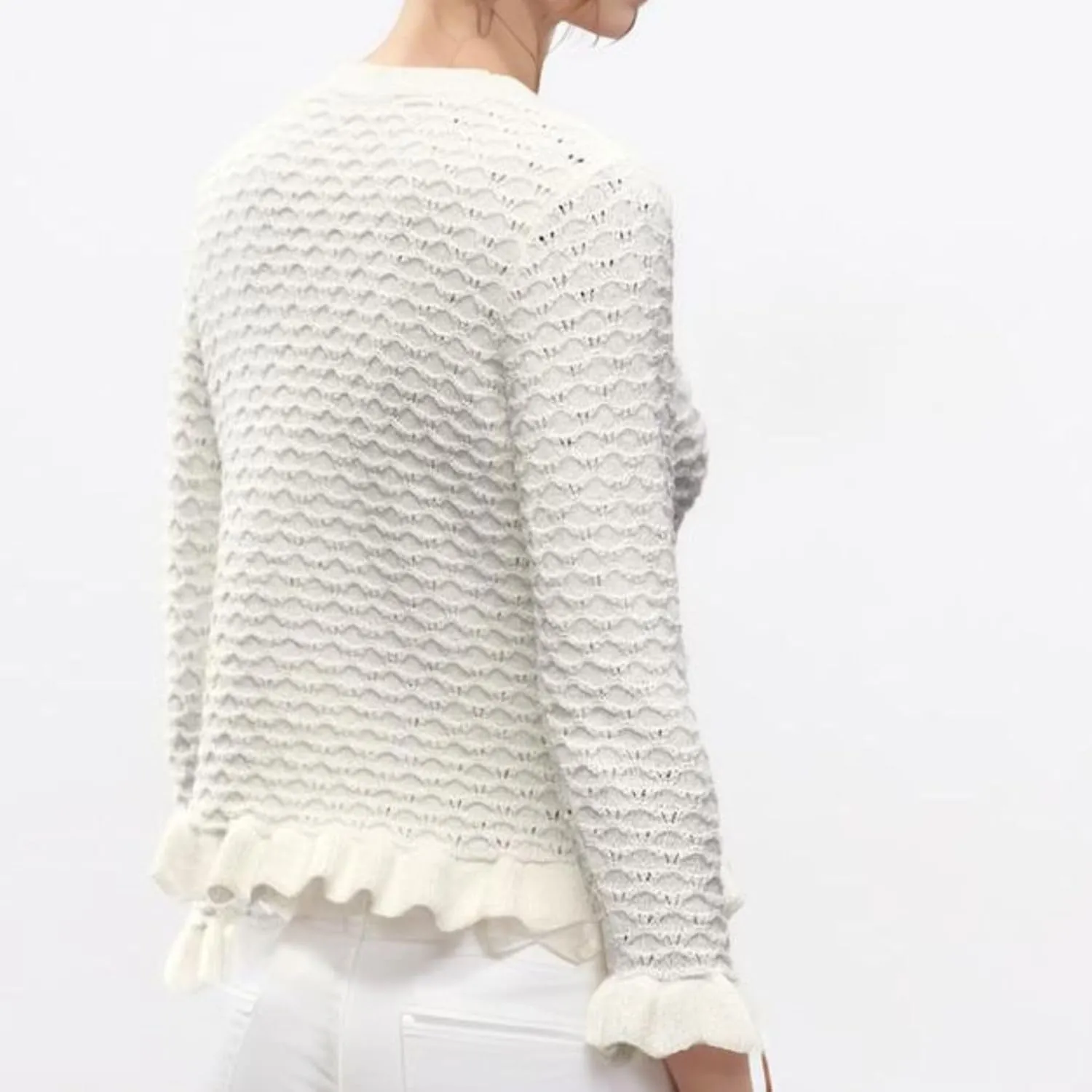 FindThy Womens Crochet Cardigan Sweater Trendy Crewneck Ruffle Long Sleeve Button Down Crop Knitwear Tops