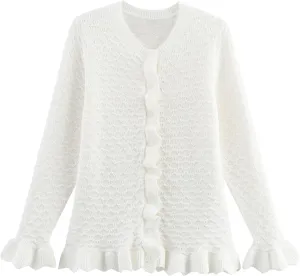 FindThy Womens Crochet Cardigan Sweater Trendy Crewneck Ruffle Long Sleeve Button Down Crop Knitwear Tops