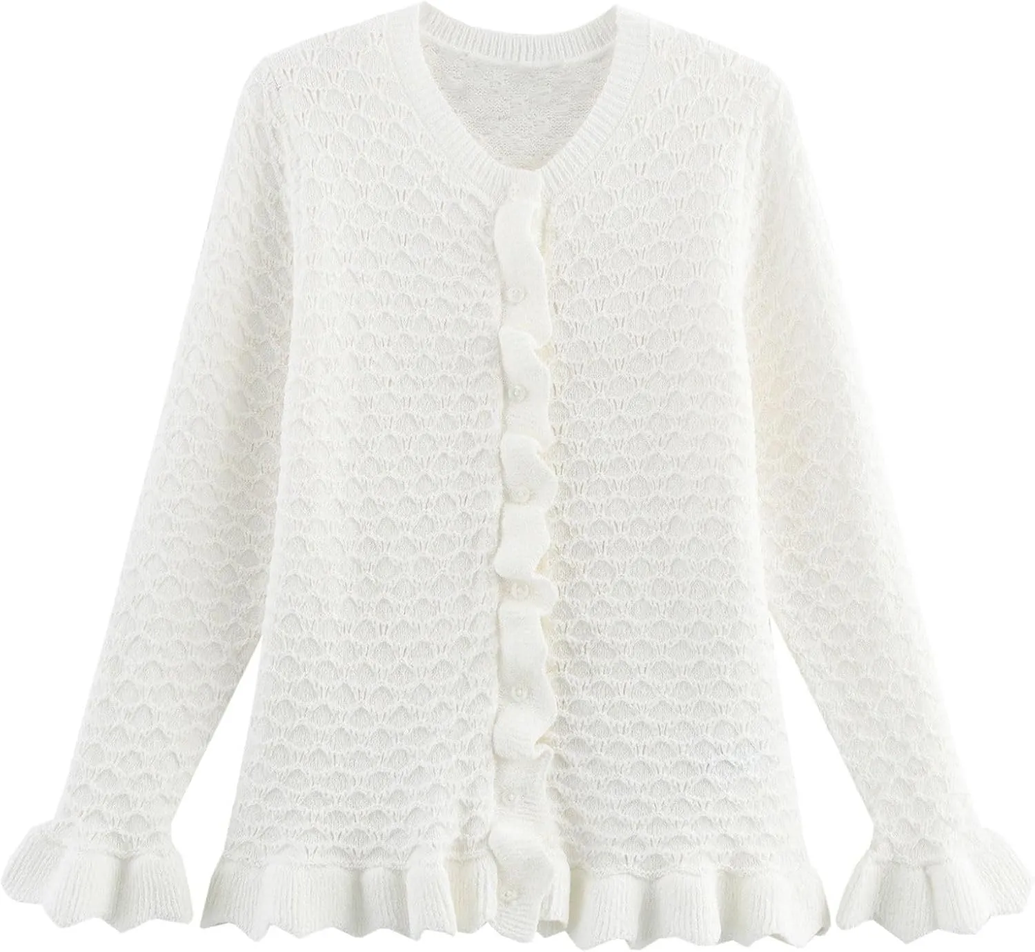 FindThy Womens Crochet Cardigan Sweater Trendy Crewneck Ruffle Long Sleeve Button Down Crop Knitwear Tops