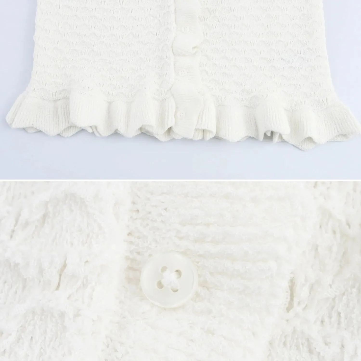 FindThy Womens Crochet Cardigan Sweater Trendy Crewneck Ruffle Long Sleeve Button Down Crop Knitwear Tops