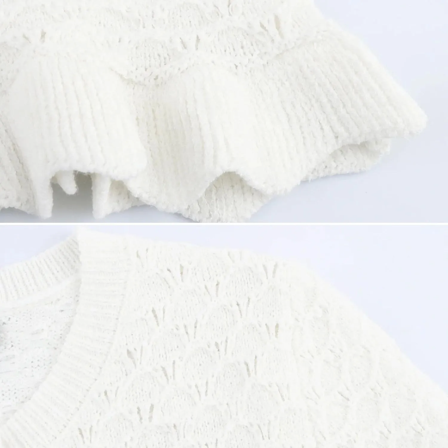 FindThy Womens Crochet Cardigan Sweater Trendy Crewneck Ruffle Long Sleeve Button Down Crop Knitwear Tops
