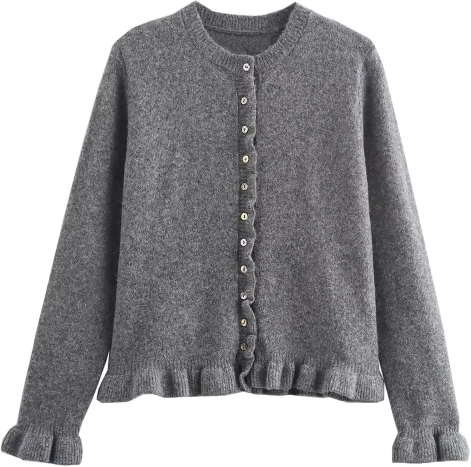 FindThy Womens Cropped Cardigan Sweater Trendy Crewneck Ruffle Long Sleeve Button Down Knitwear Tops