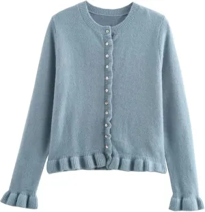 FindThy Womens Cropped Cardigan Sweater Trendy Crewneck Ruffle Long Sleeve Button Down Knitwear Tops