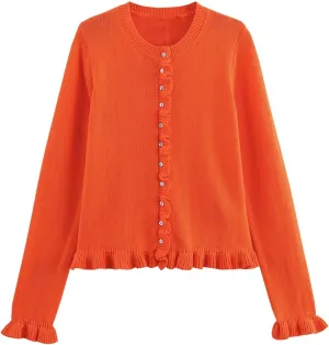 FindThy Womens Cropped Cardigan Sweater Trendy Crewneck Ruffle Long Sleeve Button Down Knitwear Tops