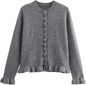 FindThy Womens Cropped Cardigan Sweater Trendy Crewneck Ruffle Long Sleeve Button Down Knitwear Tops