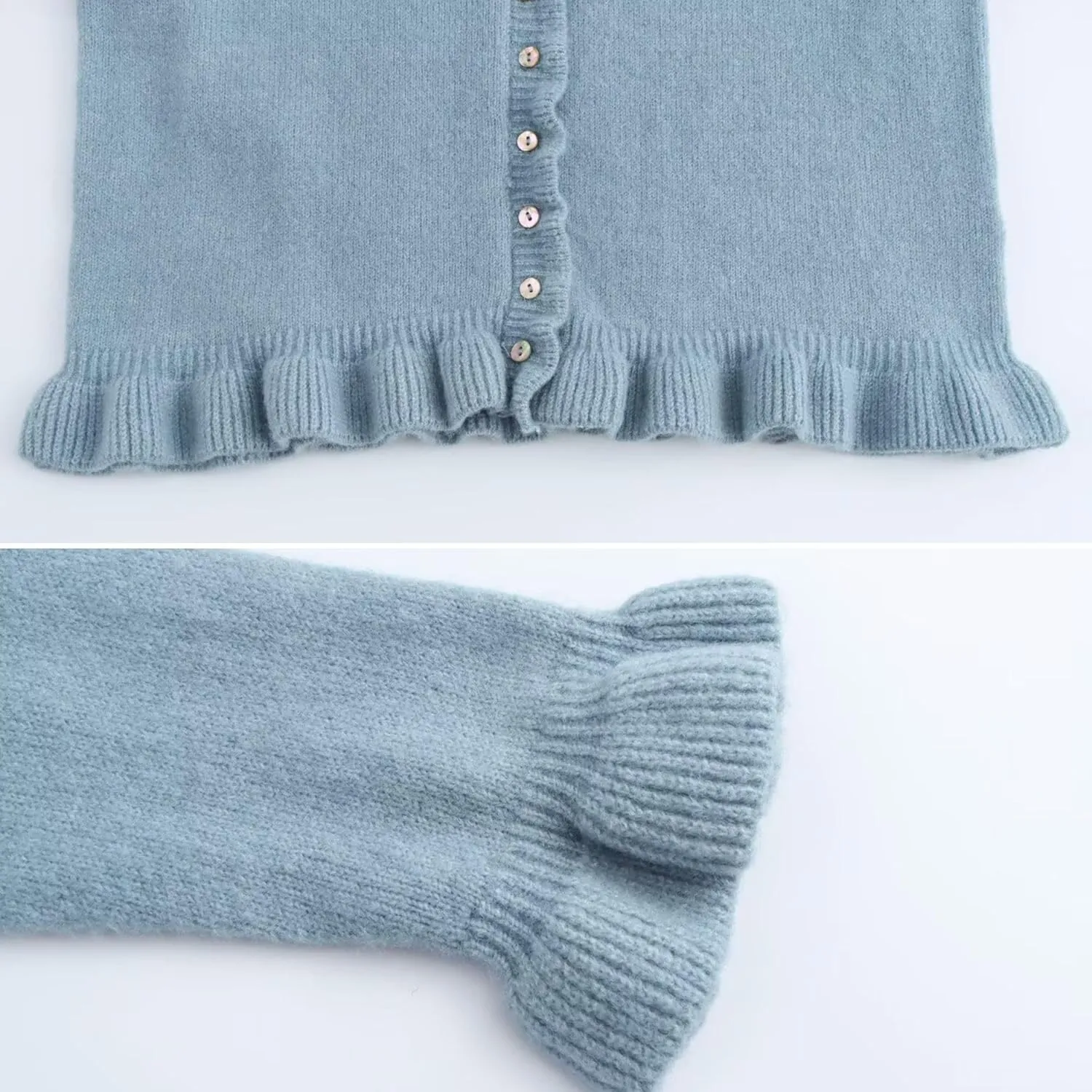 FindThy Womens Cropped Cardigan Sweater Trendy Crewneck Ruffle Long Sleeve Button Down Knitwear Tops