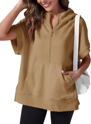 Fisoew Womens Oversized Half Zip Hoodies Short Sleeve Casual Sweatshirts Pullover Tops with Pockets