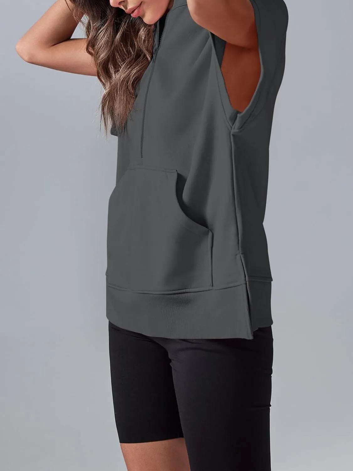 Fisoew Womens Oversized Half Zip Hoodies Short Sleeve Casual Sweatshirts Pullover Tops with Pockets