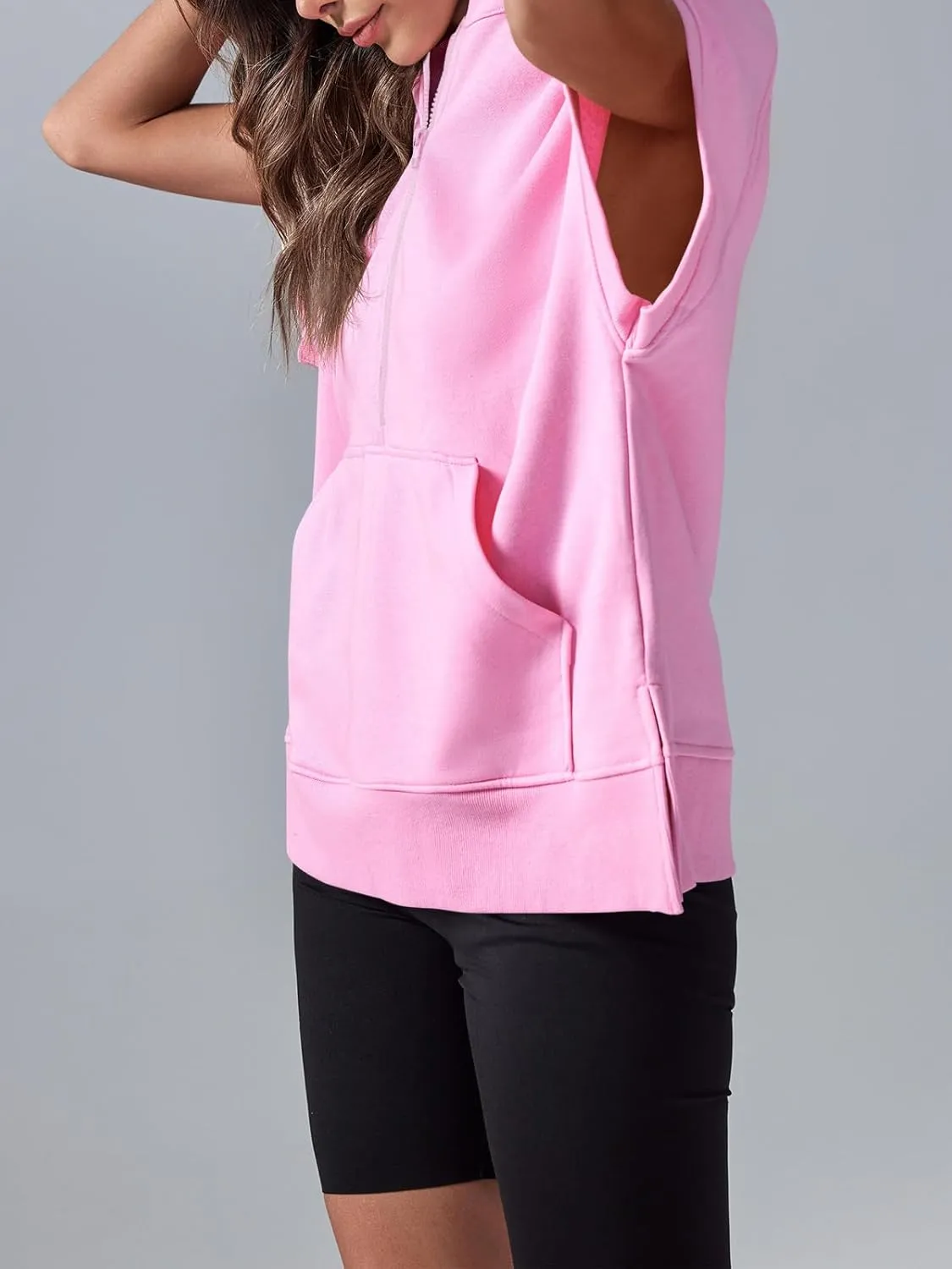 Fisoew Womens Oversized Half Zip Hoodies Short Sleeve Casual Sweatshirts Pullover Tops with Pockets