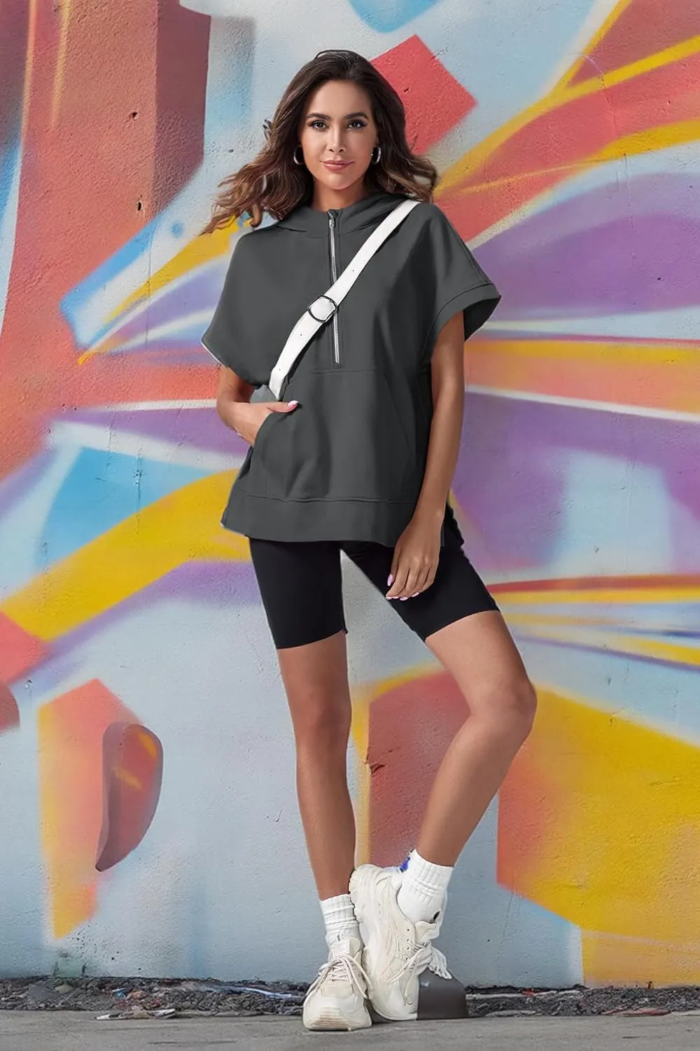 Fisoew Womens Oversized Half Zip Hoodies Short Sleeve Casual Sweatshirts Pullover Tops with Pockets