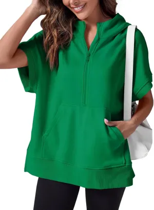 Fisoew Womens Oversized Half Zip Hoodies Short Sleeve Casual Sweatshirts Pullover Tops with Pockets