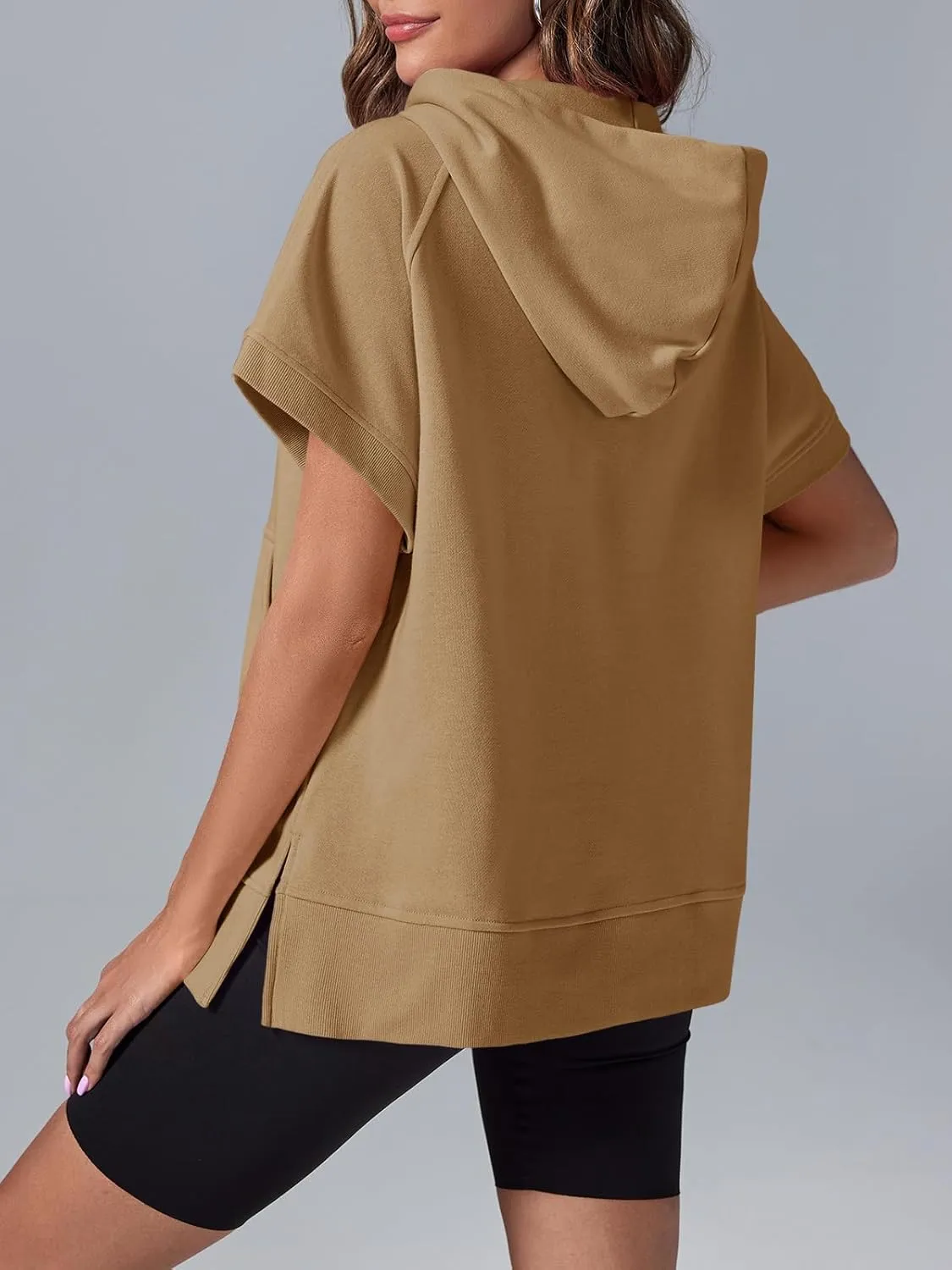 Fisoew Womens Oversized Half Zip Hoodies Short Sleeve Casual Sweatshirts Pullover Tops with Pockets