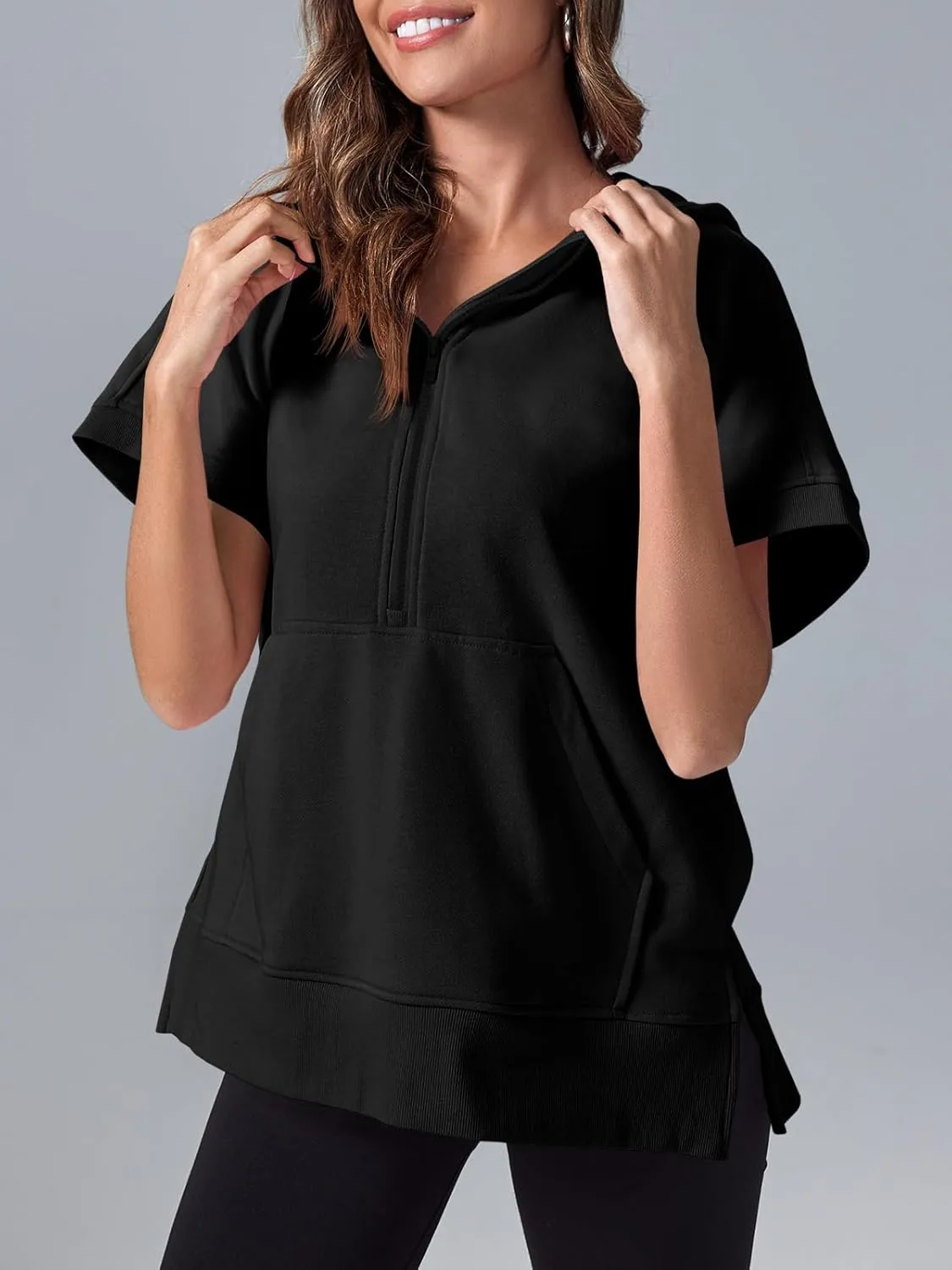 Fisoew Womens Oversized Half Zip Hoodies Short Sleeve Casual Sweatshirts Pullover Tops with Pockets
