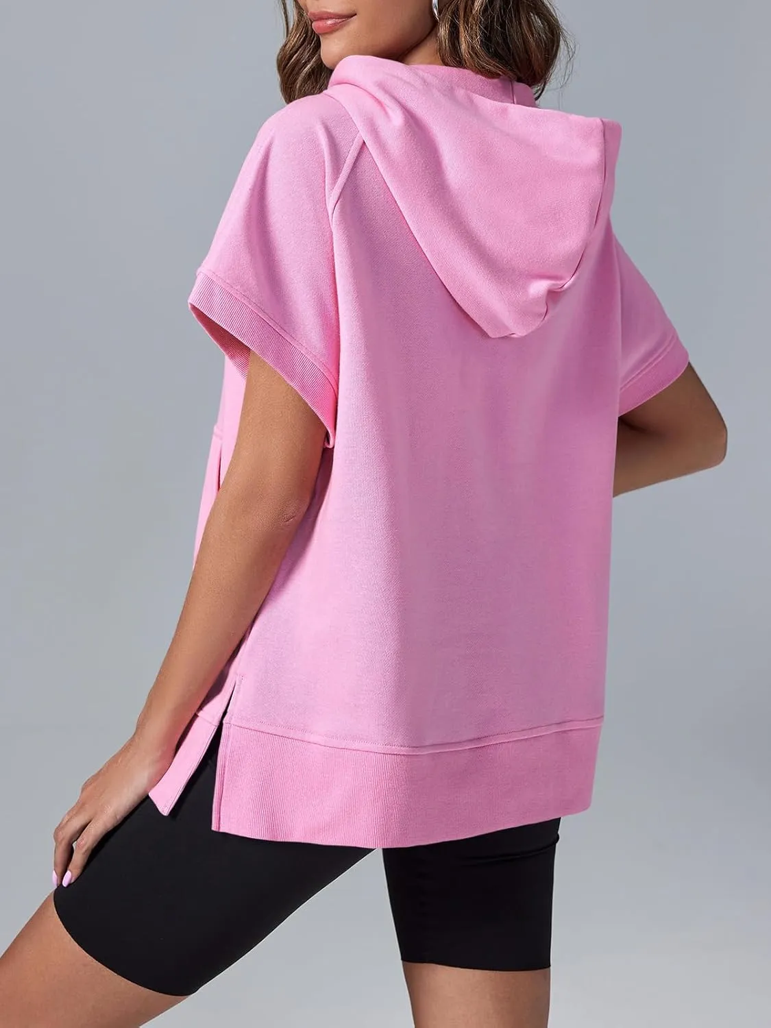 Fisoew Womens Oversized Half Zip Hoodies Short Sleeve Casual Sweatshirts Pullover Tops with Pockets