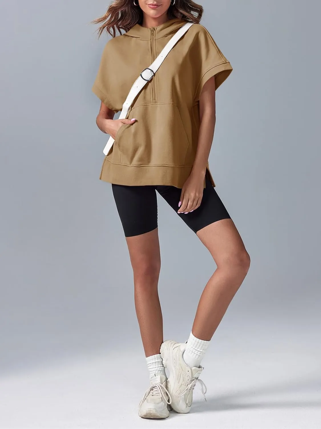Fisoew Womens Oversized Half Zip Hoodies Short Sleeve Casual Sweatshirts Pullover Tops with Pockets