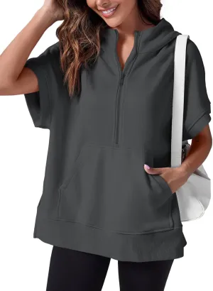 Fisoew Womens Oversized Half Zip Hoodies Short Sleeve Casual Sweatshirts Pullover Tops with Pockets