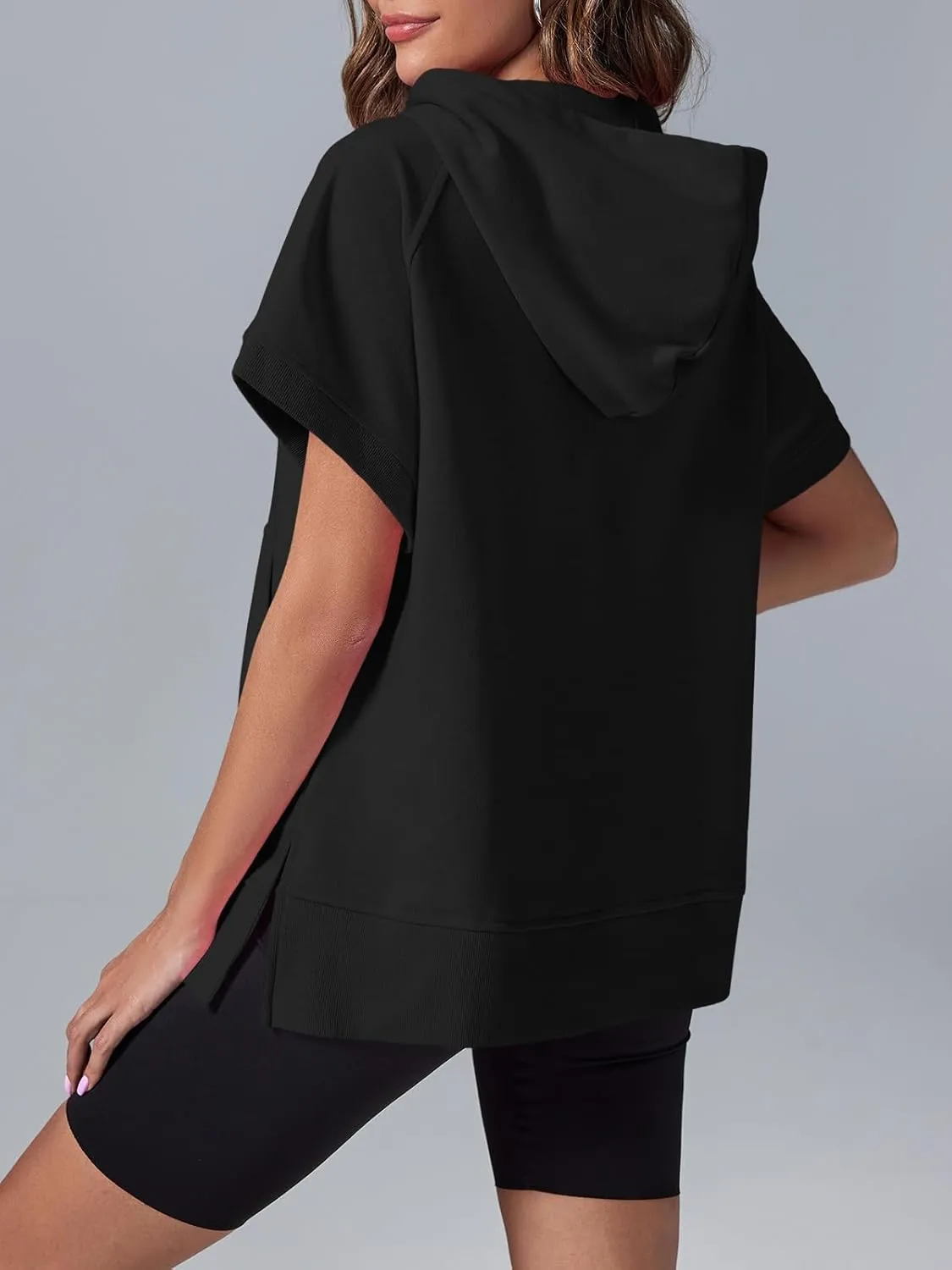 Fisoew Womens Oversized Half Zip Hoodies Short Sleeve Casual Sweatshirts Pullover Tops with Pockets