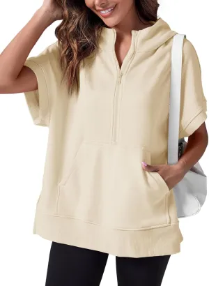 Fisoew Womens Oversized Half Zip Hoodies Short Sleeve Casual Sweatshirts Pullover Tops with Pockets