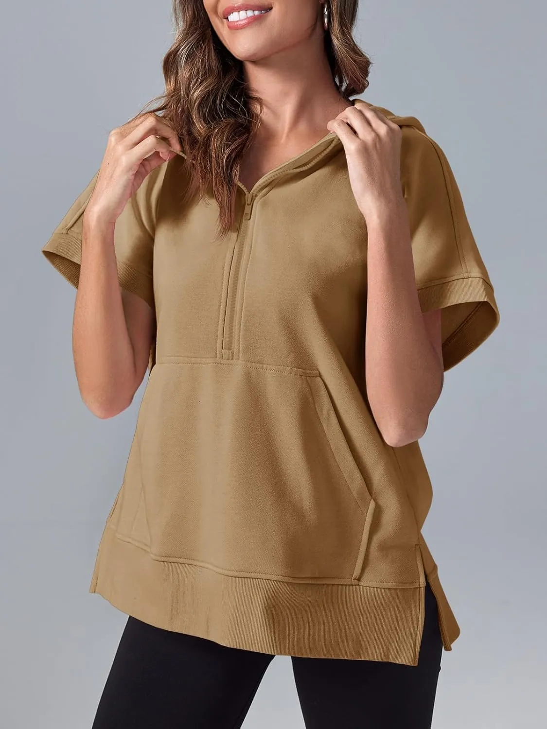 Fisoew Womens Oversized Half Zip Hoodies Short Sleeve Casual Sweatshirts Pullover Tops with Pockets