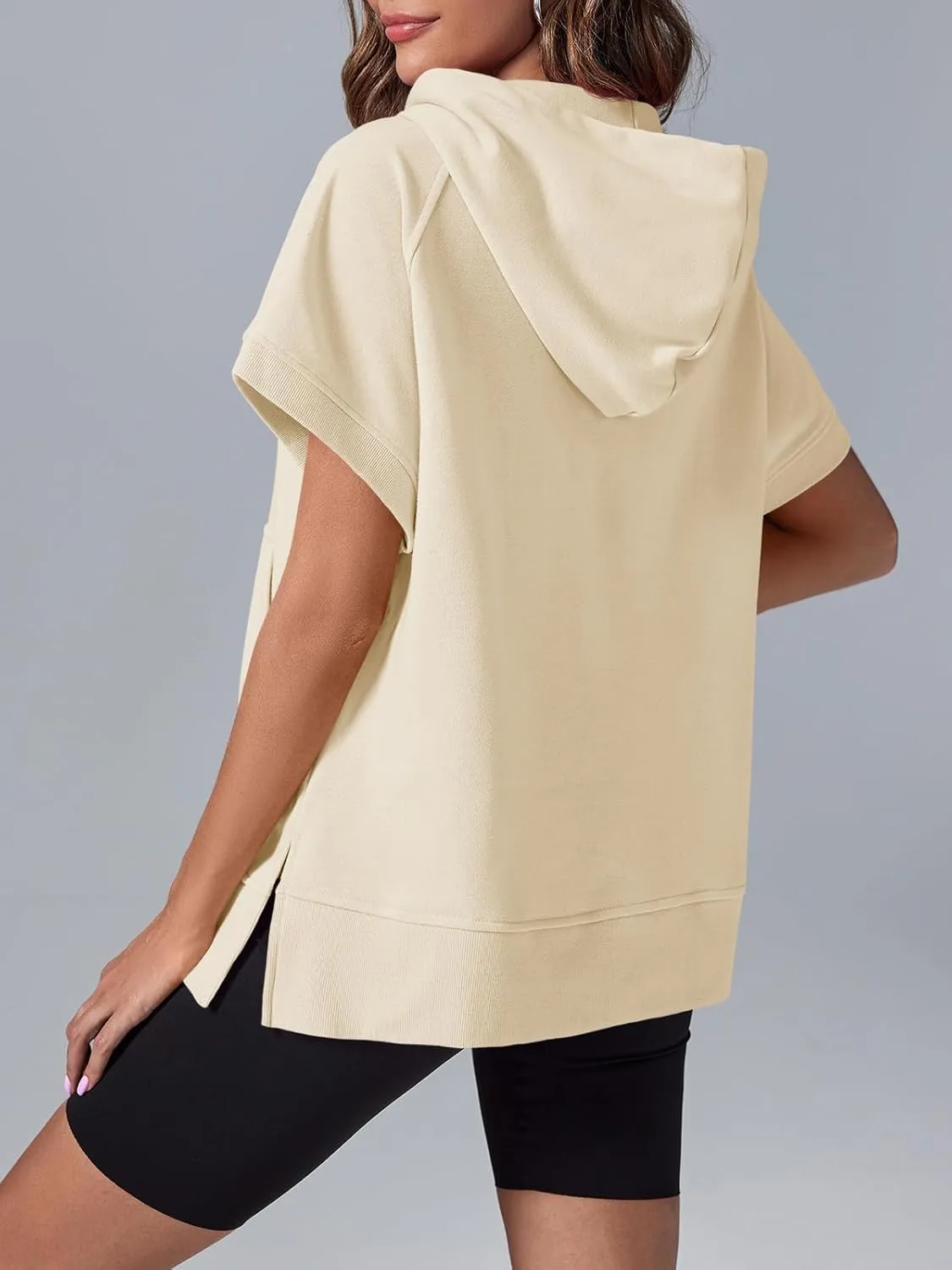 Fisoew Womens Oversized Half Zip Hoodies Short Sleeve Casual Sweatshirts Pullover Tops with Pockets