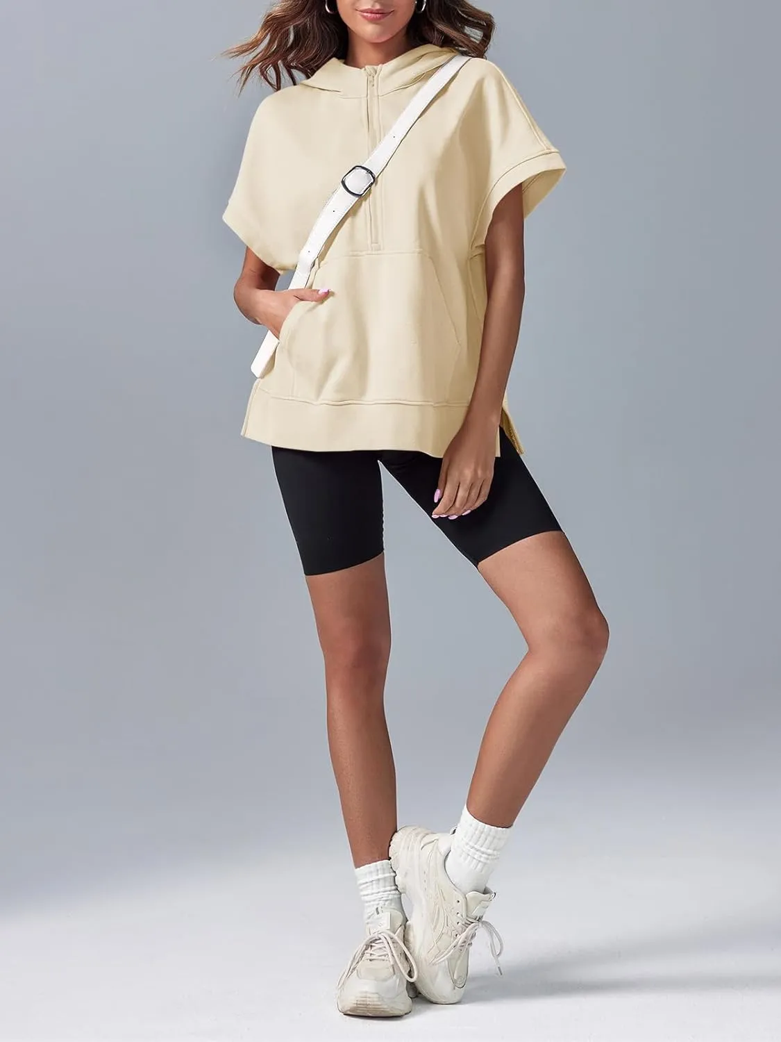 Fisoew Womens Oversized Half Zip Hoodies Short Sleeve Casual Sweatshirts Pullover Tops with Pockets