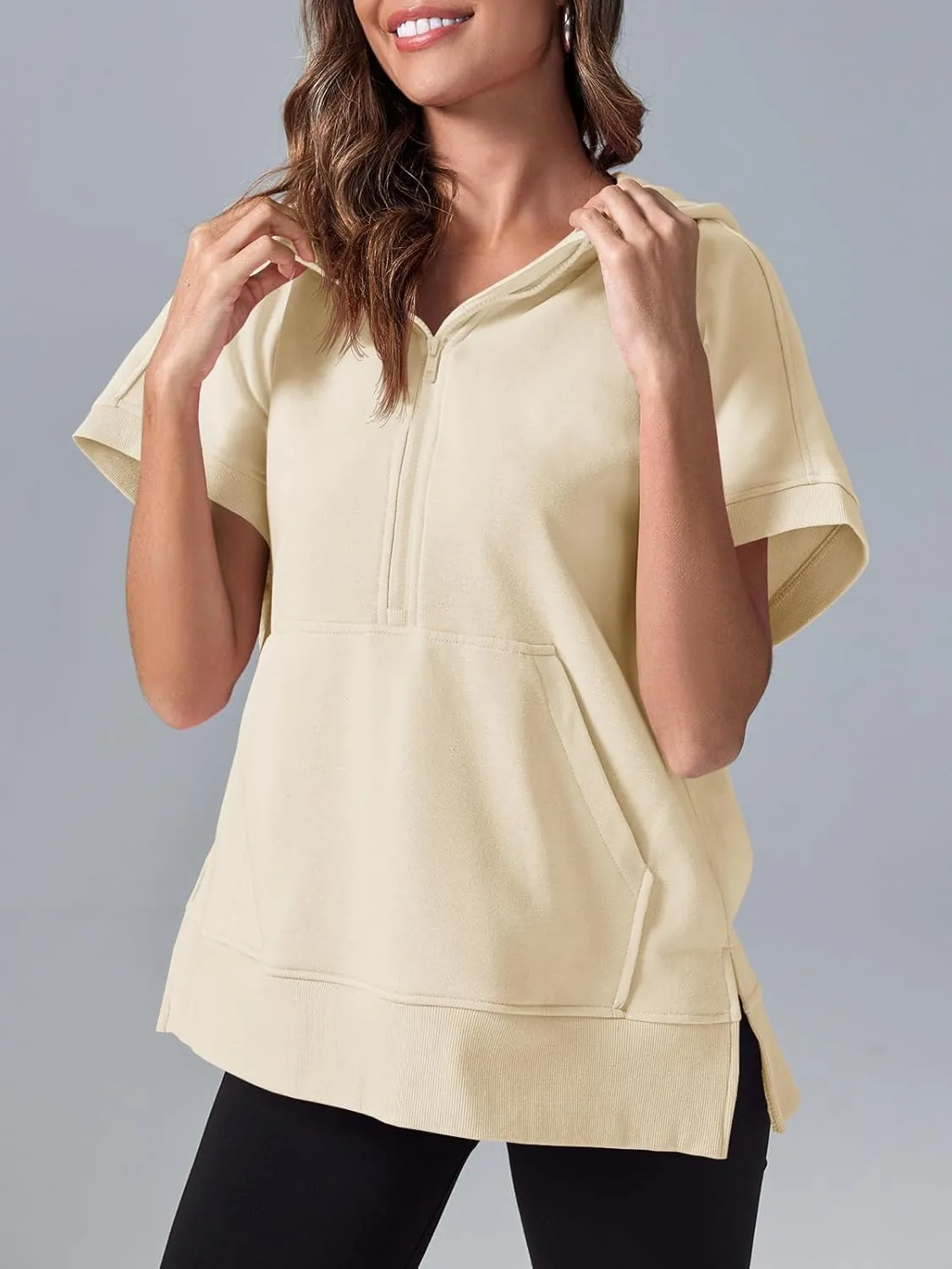 Fisoew Womens Oversized Half Zip Hoodies Short Sleeve Casual Sweatshirts Pullover Tops with Pockets
