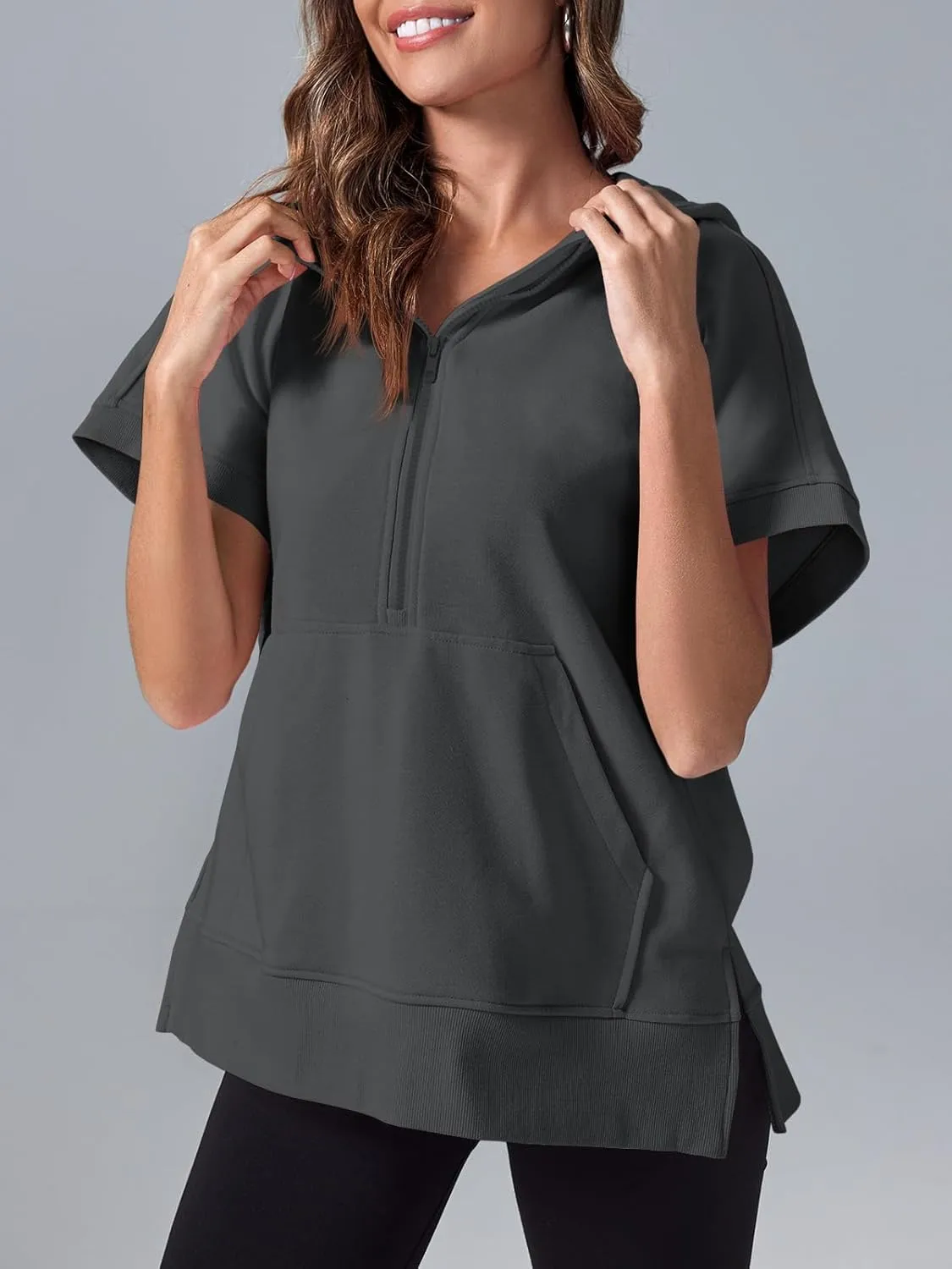 Fisoew Womens Oversized Half Zip Hoodies Short Sleeve Casual Sweatshirts Pullover Tops with Pockets
