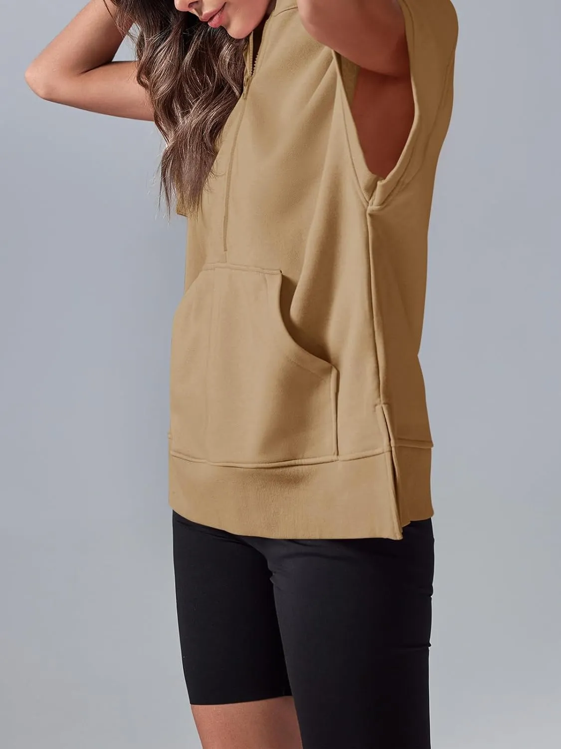 Fisoew Womens Oversized Half Zip Hoodies Short Sleeve Casual Sweatshirts Pullover Tops with Pockets