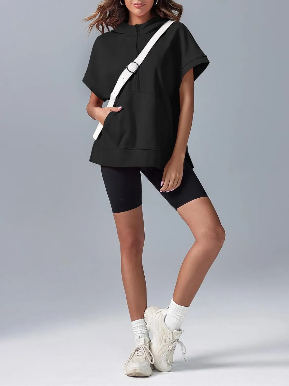 Fisoew Womens Oversized Half Zip Hoodies Short Sleeve Casual Sweatshirts Pullover Tops with Pockets