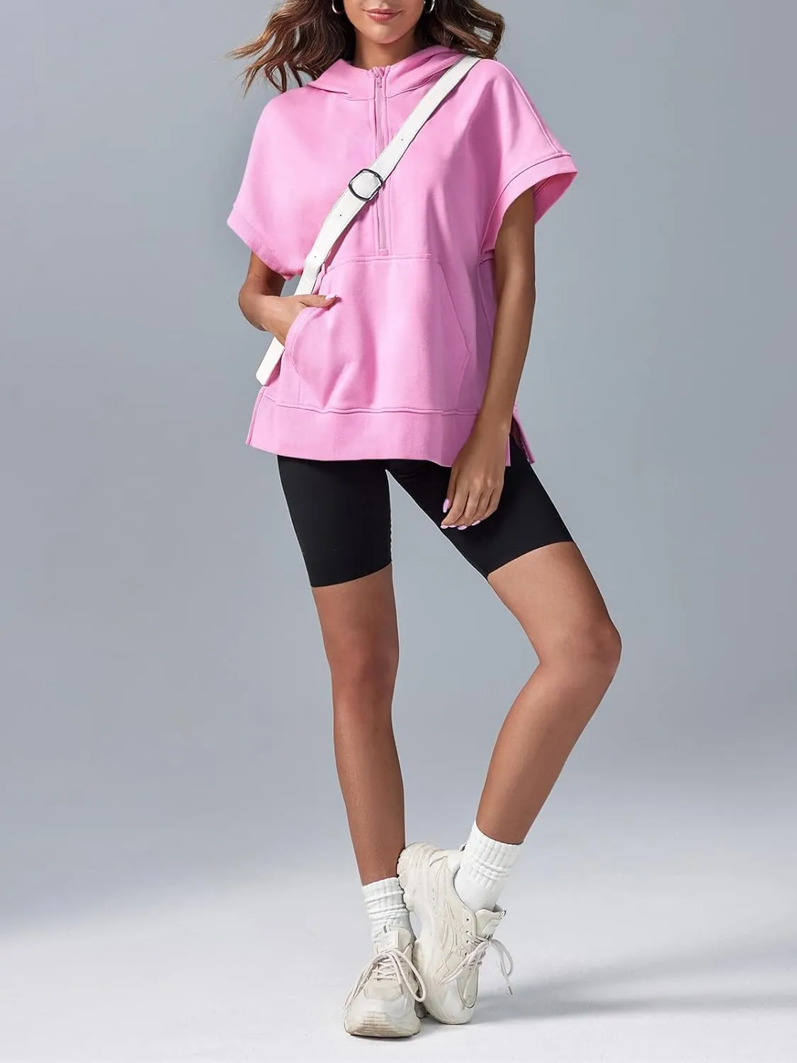 Fisoew Womens Oversized Half Zip Hoodies Short Sleeve Casual Sweatshirts Pullover Tops with Pockets