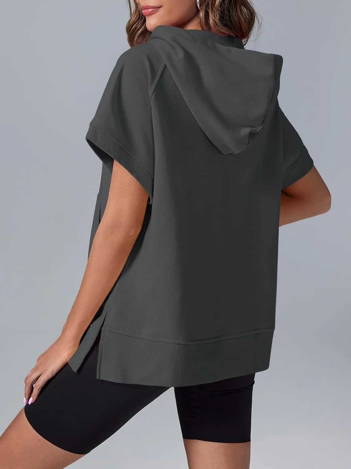 Fisoew Womens Oversized Half Zip Hoodies Short Sleeve Casual Sweatshirts Pullover Tops with Pockets