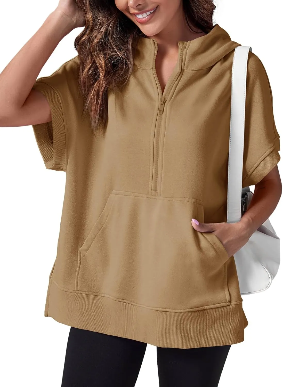 Fisoew Womens Oversized Half Zip Hoodies Short Sleeve Casual Sweatshirts Pullover Tops with Pockets