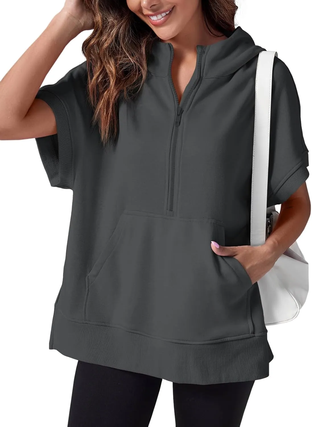Fisoew Womens Oversized Half Zip Hoodies Short Sleeve Casual Sweatshirts Pullover Tops with Pockets
