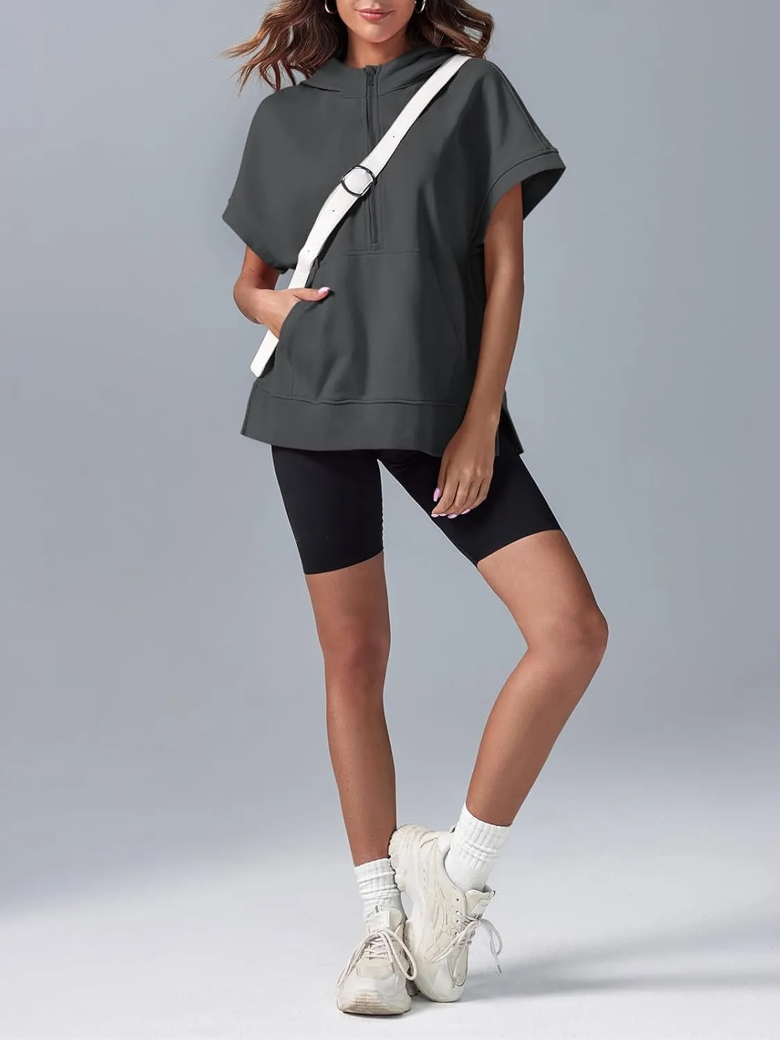 Fisoew Womens Oversized Half Zip Hoodies Short Sleeve Casual Sweatshirts Pullover Tops with Pockets