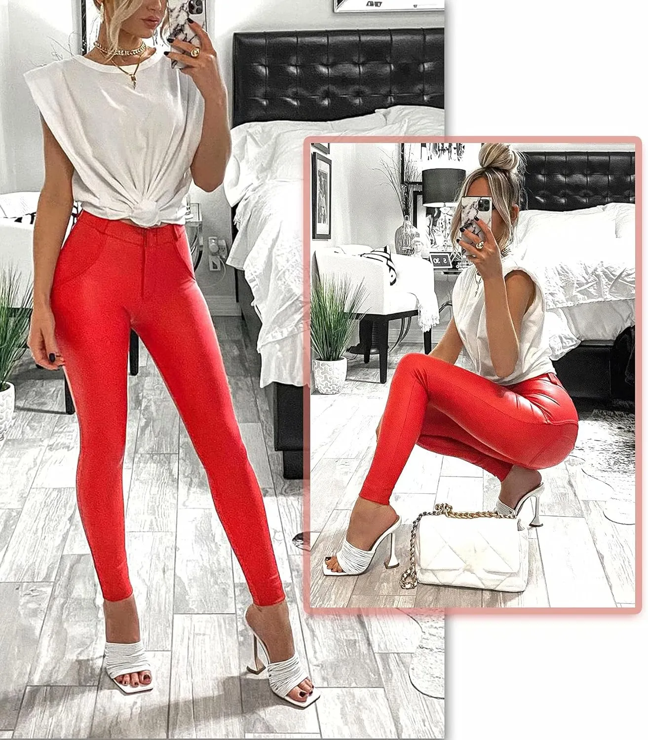 FITTOO Women's Faux Patent Leather Leggings PU Pleather Pants Butt Lift Hip Push Up High Waisted