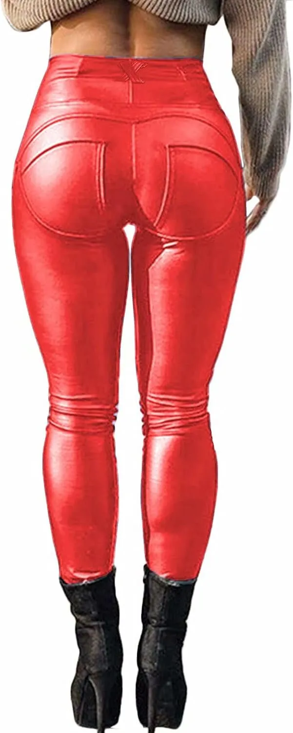 FITTOO Women's Faux Patent Leather Leggings PU Pleather Pants Butt Lift Hip Push Up High Waisted