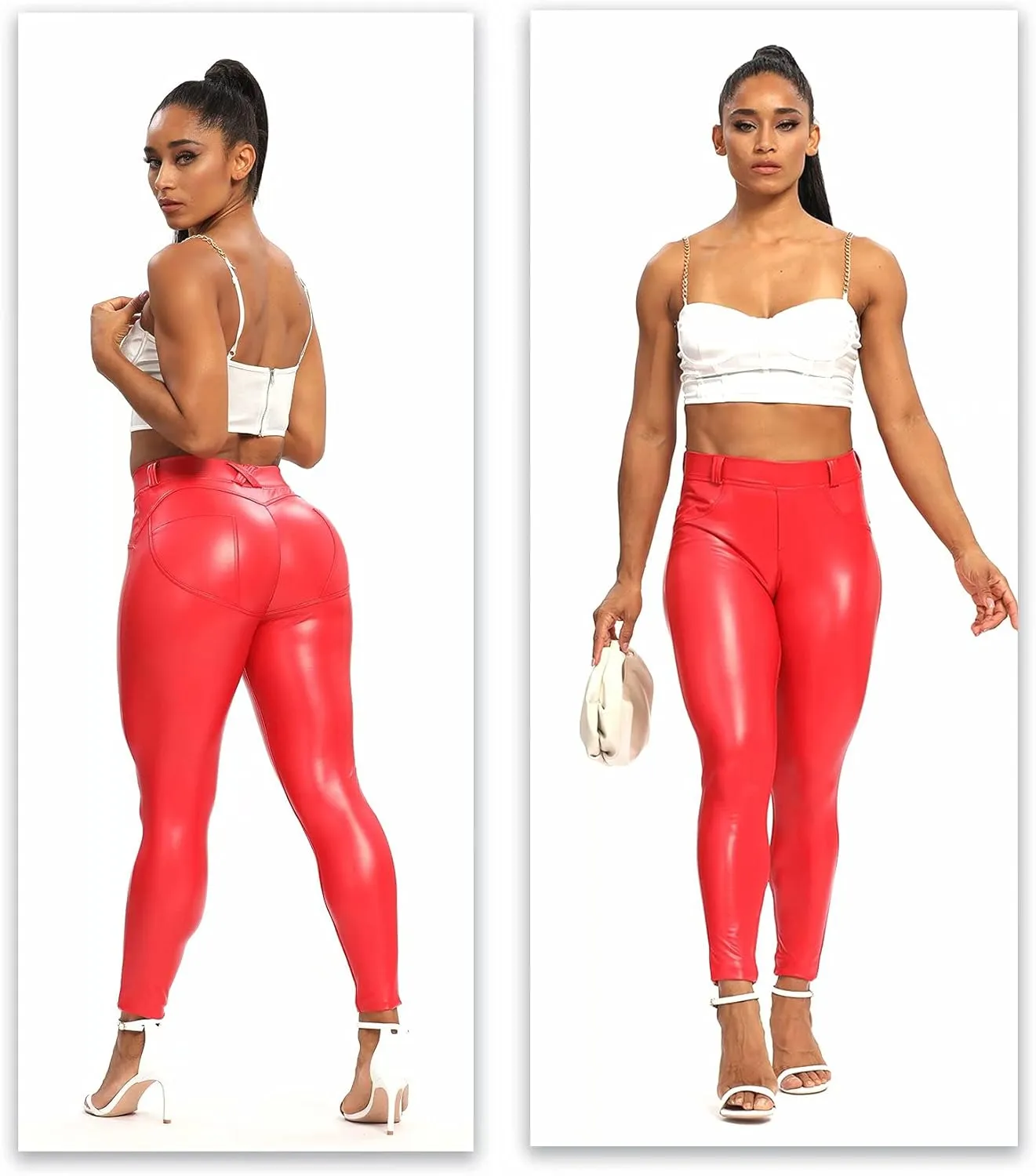 FITTOO Women's Faux Patent Leather Leggings PU Pleather Pants Butt Lift Hip Push Up High Waisted
