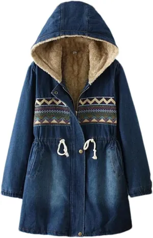 Fjnbbiot Winter Women Denim Coat Casual Loose Hooded Thicken Denim Jackets Warm Long Padded Cotton Parkas Jacket