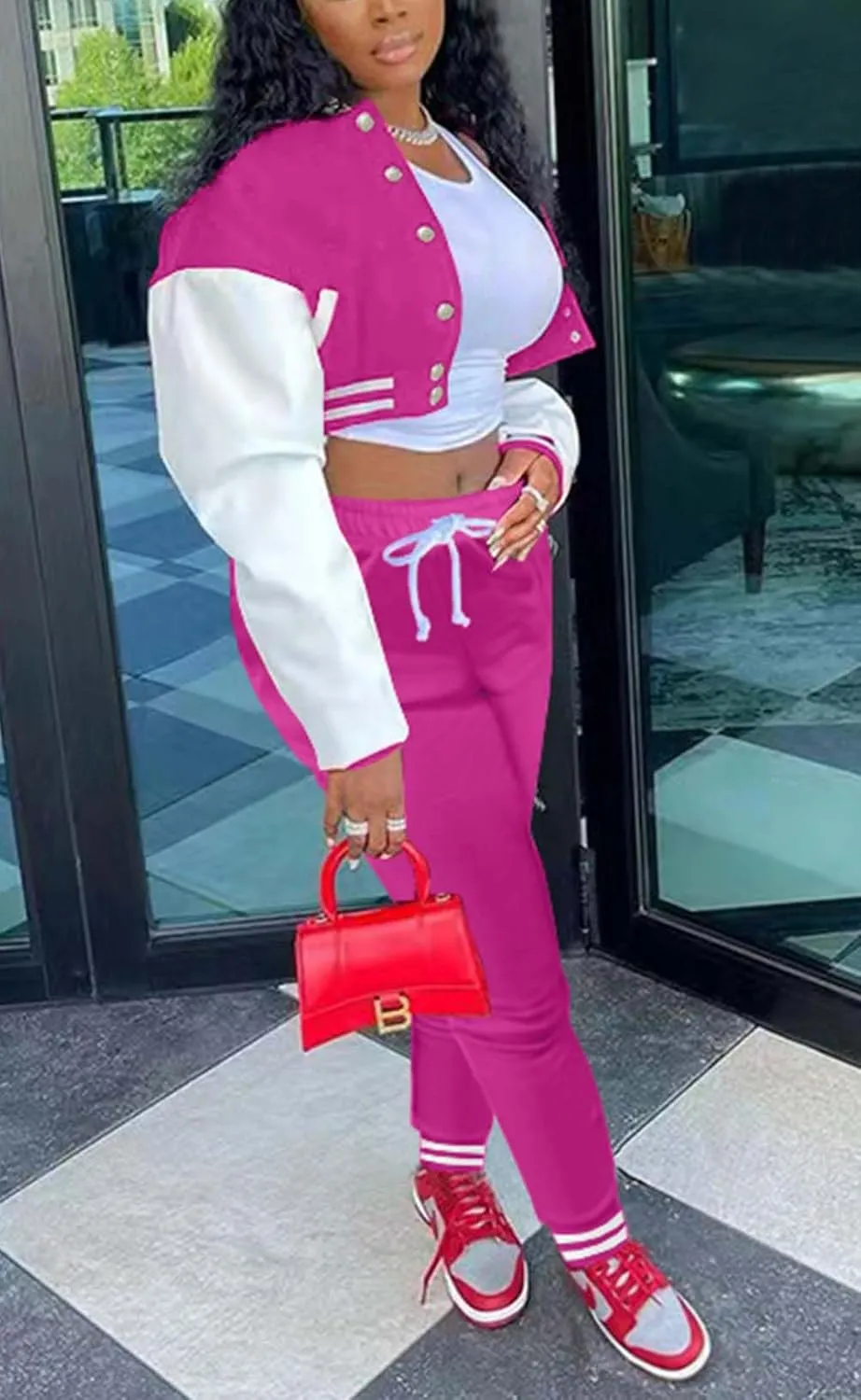 Fooullaide Women's Varsity Jacket Sweatsuit 2 Piece Tracksuit Crop Top Button Down Letterman Jackets Pants Sets