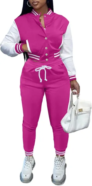 Fooullaide Women's Varsity Jacket Sweatsuit 2 Piece Tracksuit Crop Top Button Down Letterman Jackets Pants Sets